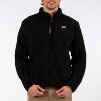 Man wearing a black fleece jacket on a white background