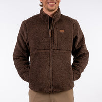 Man wearing a brown fleece jacket on a white background