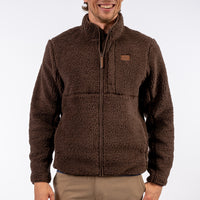 Man wearing a brown fleece jacket on a white background
