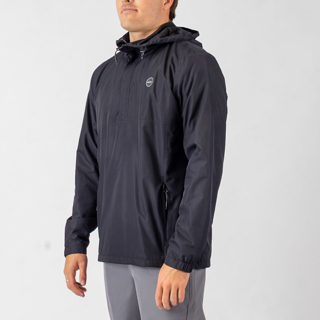 Person wearing a dark gray raincoat on a light gray background