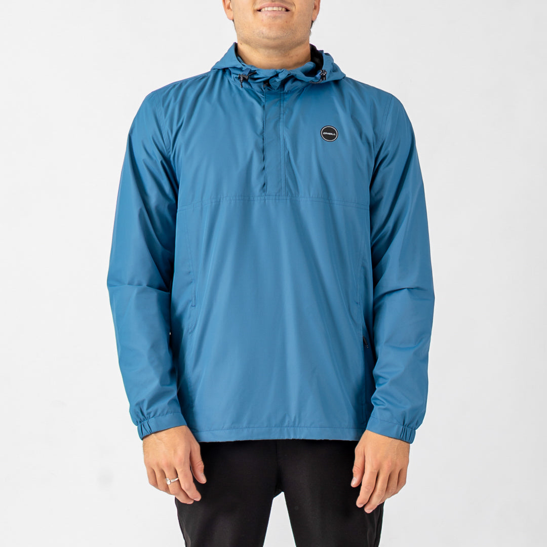 Person wearing a blue raincoat on a white background