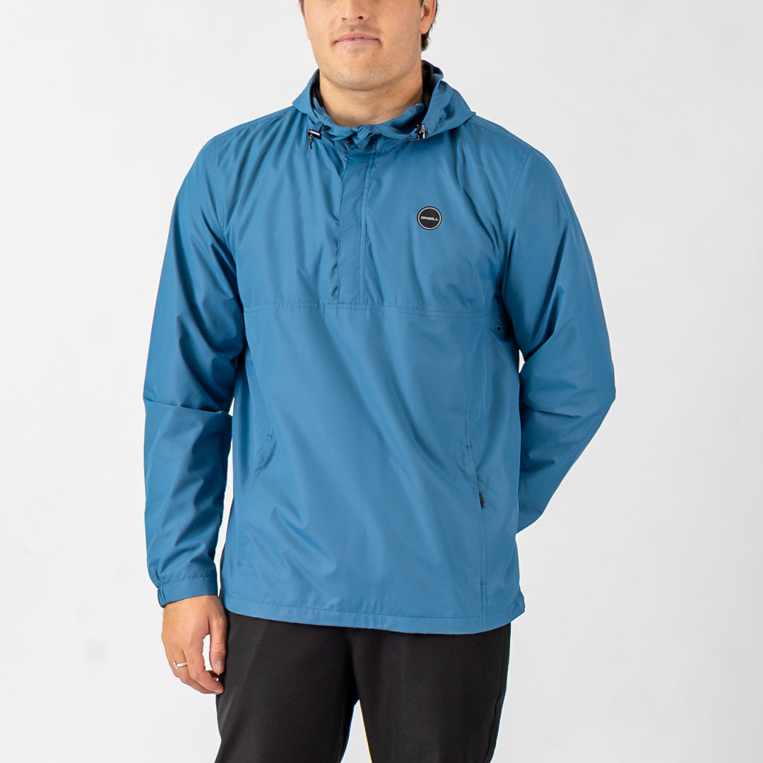 Person wearing a blue jacket on a white background