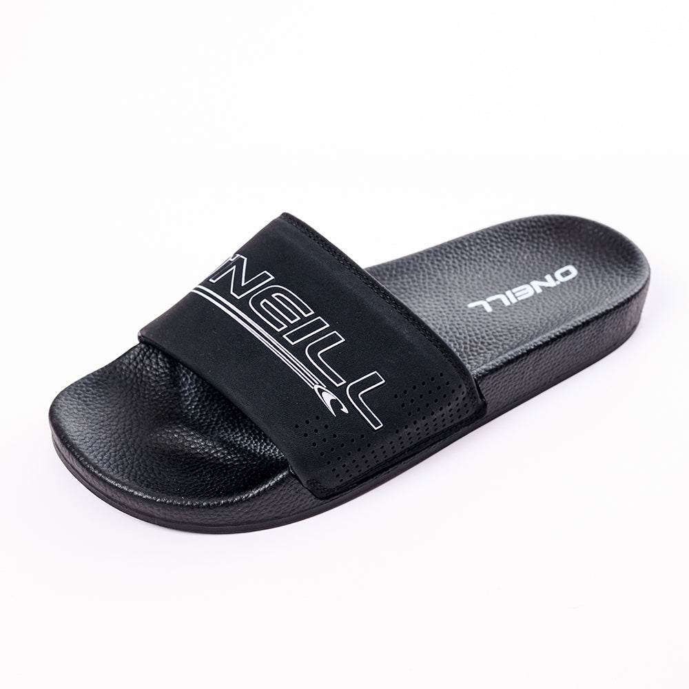 Black slide sandal with 'Onia' branding on a white background