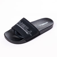 Black slide sandal with 'Onia' branding on a white background