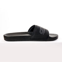 Black slide sandal with brand logo on a white background