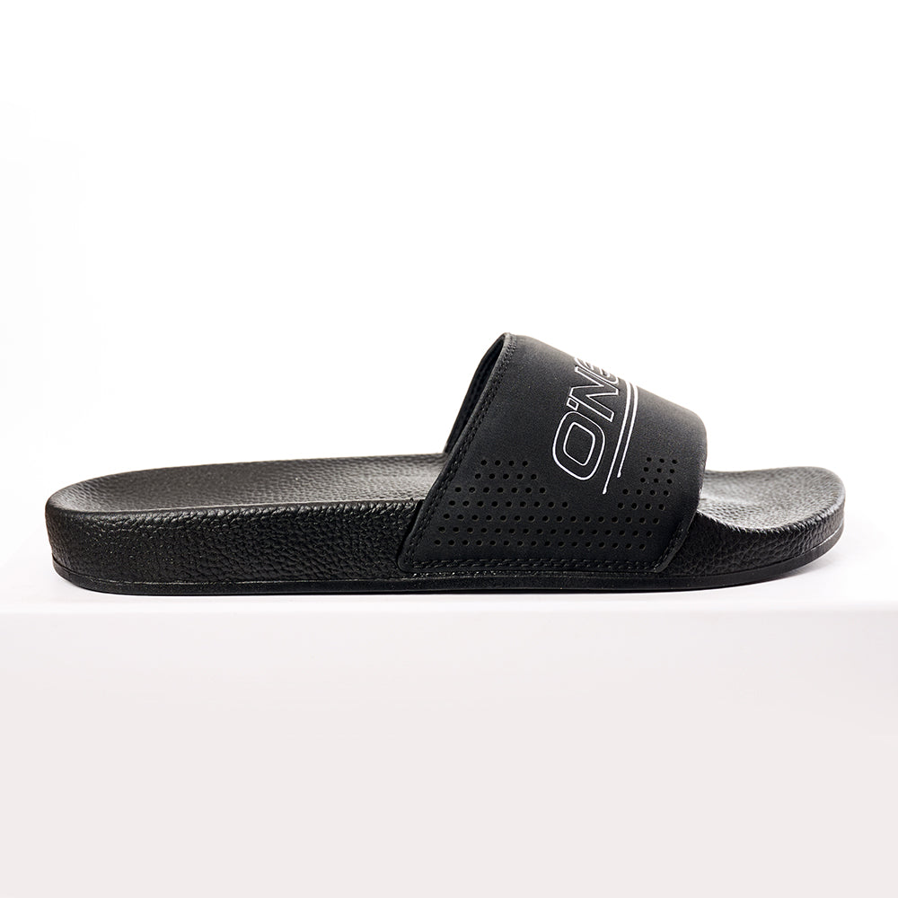 Black slide sandal with brand logo on a white background