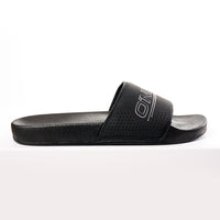 Black slide sandal with brand logo on a white background
