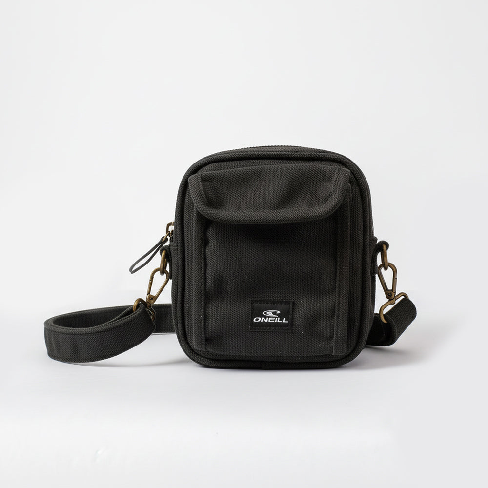 Black crossbody bag with a brand logo on a white background