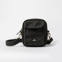 Black crossbody bag with a brand logo on a white background