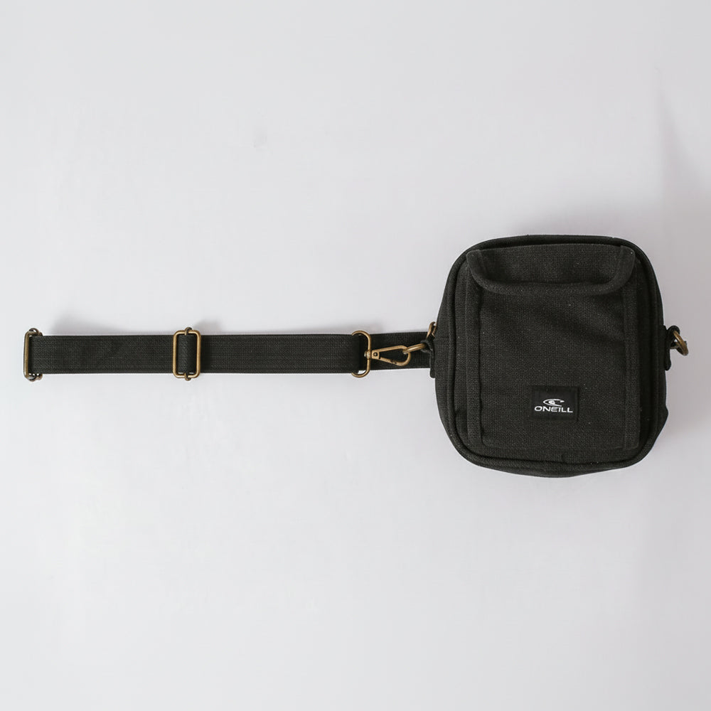 Black waist bag with a visible brand logo on a white background