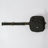 Black waist bag with a visible brand logo on a white background