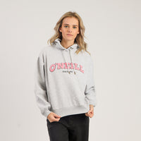 Person wearing a gray hoodie with pink text on a light gray background