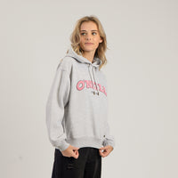 Person wearing a gray hoodie with pink text on a plain background