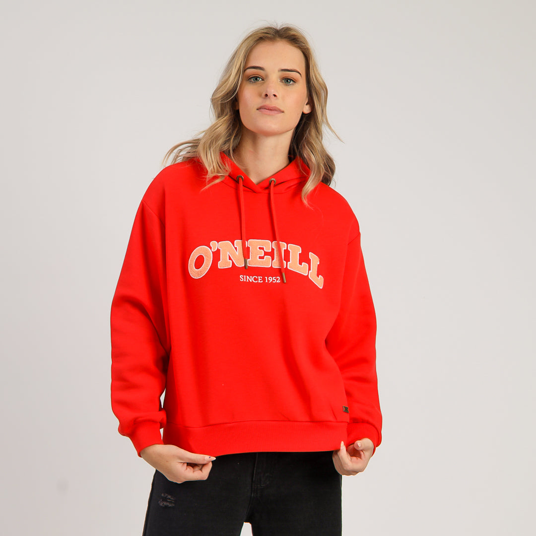 Person wearing a red O'Neill hoodie on a plain background