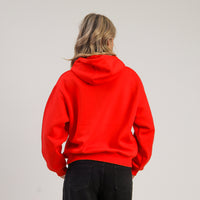 Person wearing a red hoodie from behind on a plain background
