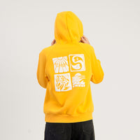 Person wearing a yellow hoodie with white graphics on the back against a plain background