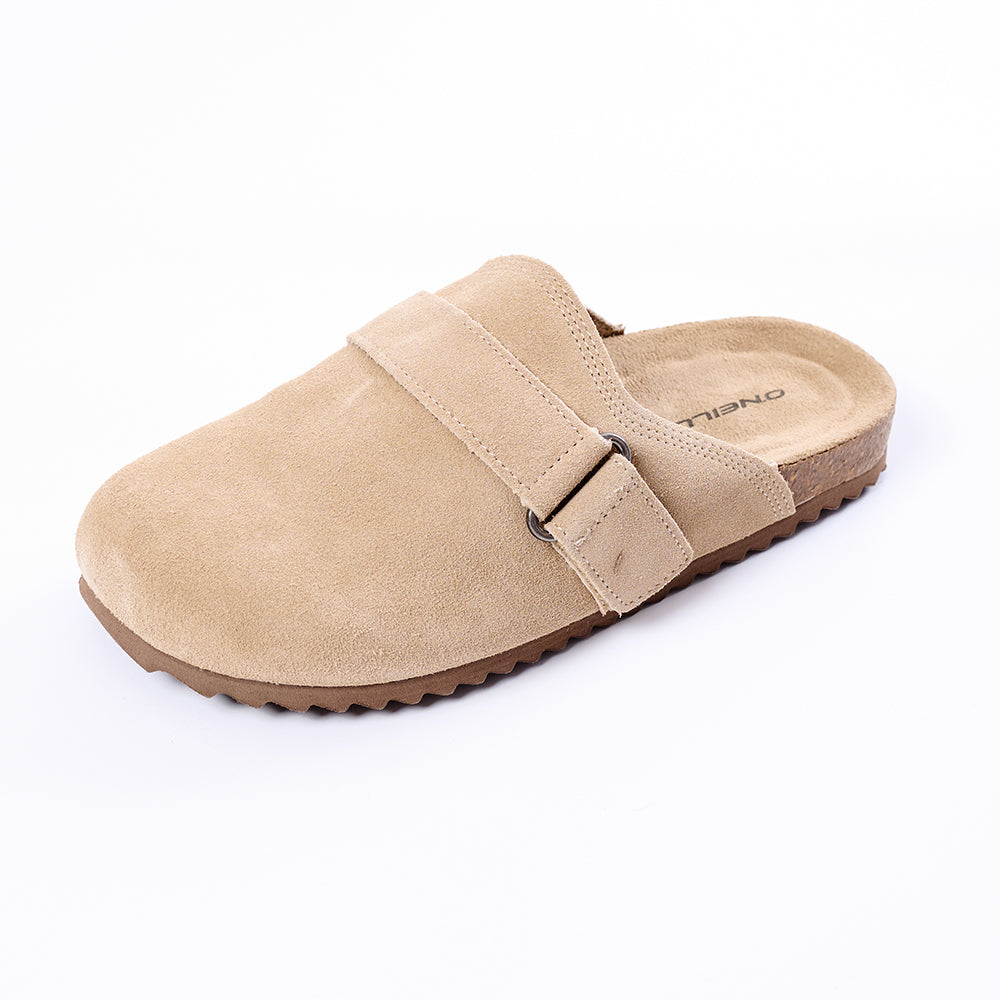 Beige slipper with a strap on a white background