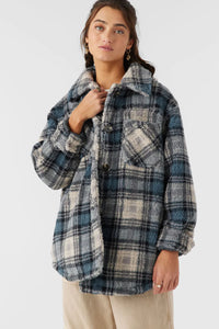 WOMENS HEATH PLAID HIGH PILE OVERSIZED FLEECE JACKET