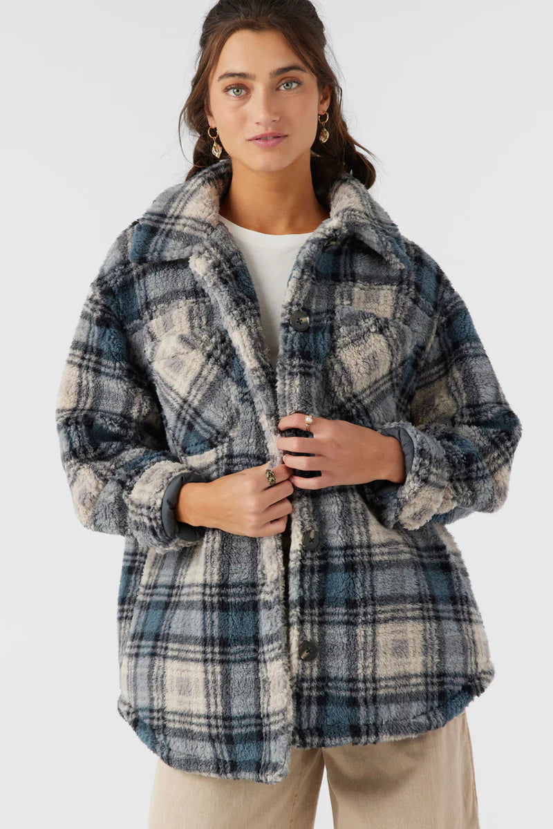 WOMENS HEATH PLAID HIGH PILE OVERSIZED FLEECE JACKET