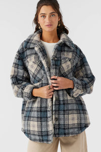 WOMENS HEATH PLAID HIGH PILE OVERSIZED FLEECE JACKET