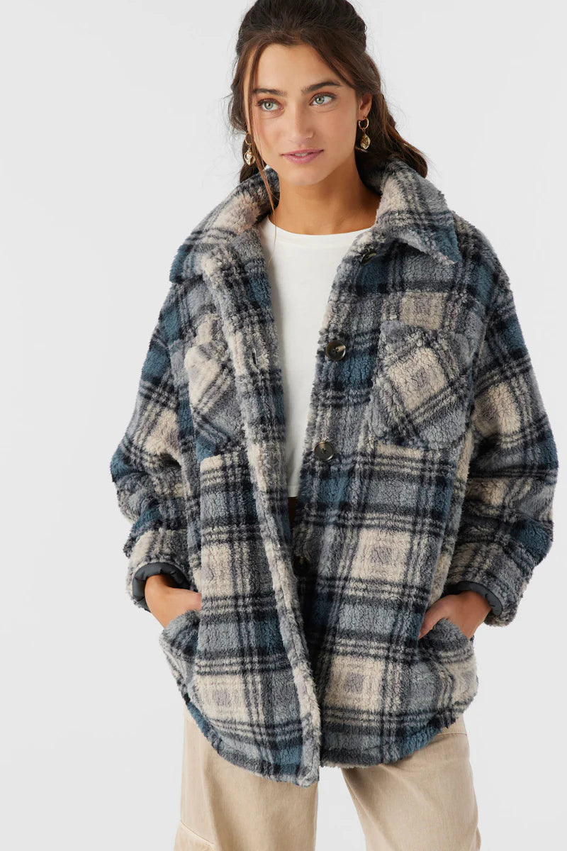 WOMENS HEATH PLAID HIGH PILE OVERSIZED FLEECE JACKET