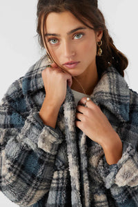 WOMENS HEATH PLAID HIGH PILE OVERSIZED FLEECE JACKET