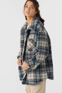 WOMENS HEATH PLAID HIGH PILE OVERSIZED FLEECE JACKET