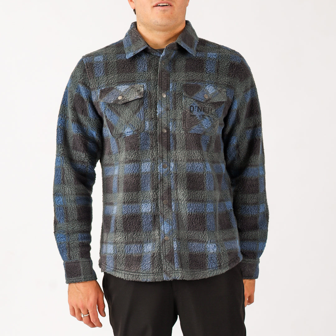 Plaid shirt with a brand logo on a white background