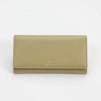 Green wallet with a visible brand logo on a white background