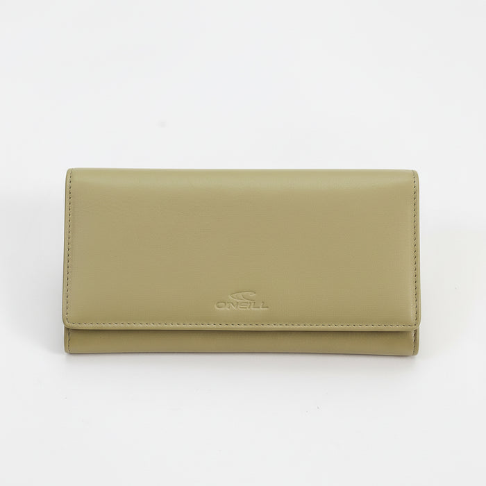Green wallet with a visible brand logo on a white background