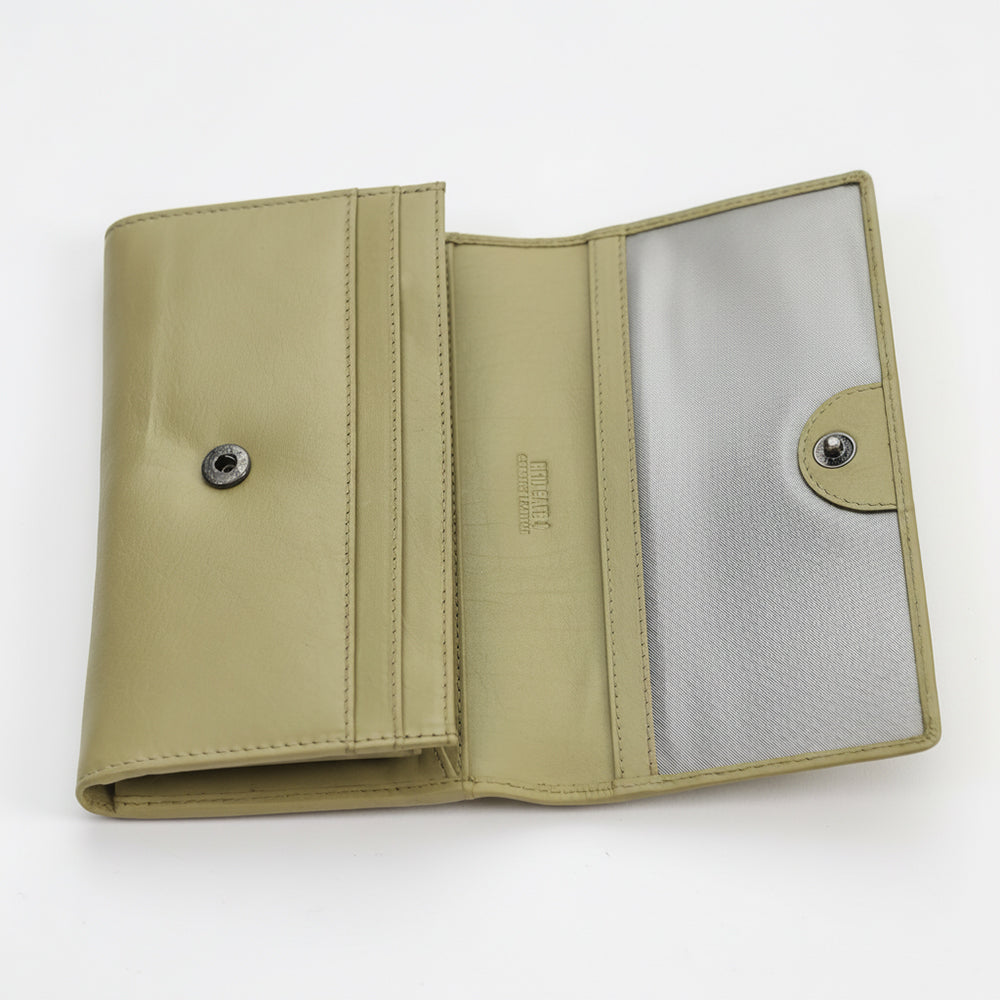 Open beige wallet with metallic interior on a white background