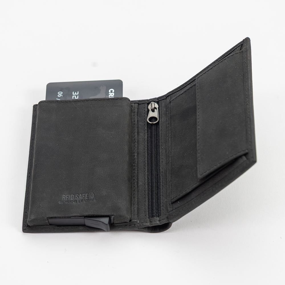 Black wallet with a card slot on a white background