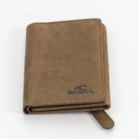 Brown leather wallet with a visible brand logo on a white background