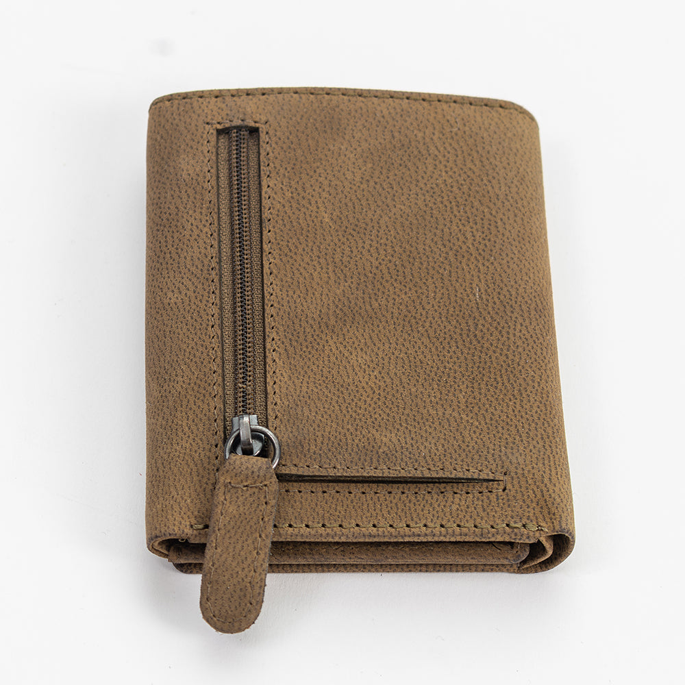 Brown leather wallet with a zipper on a white background