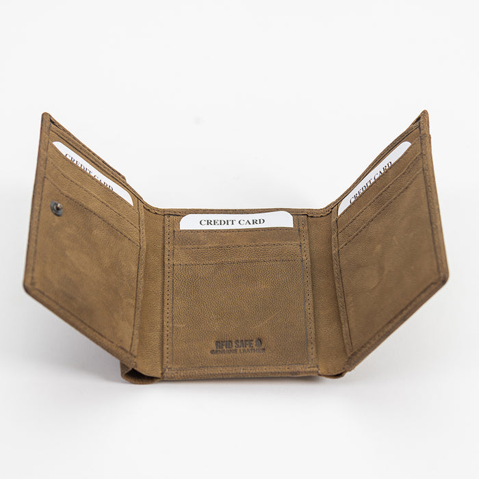 Brown leather wallet with card slots on a white background