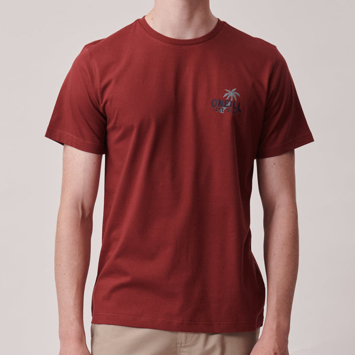 Person wearing a red t-shirt with a palm tree design on a plain background