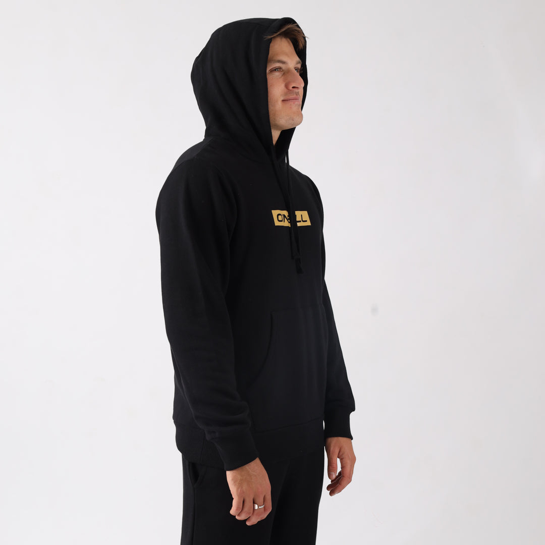 Person wearing a black hoodie with a logo on a white background