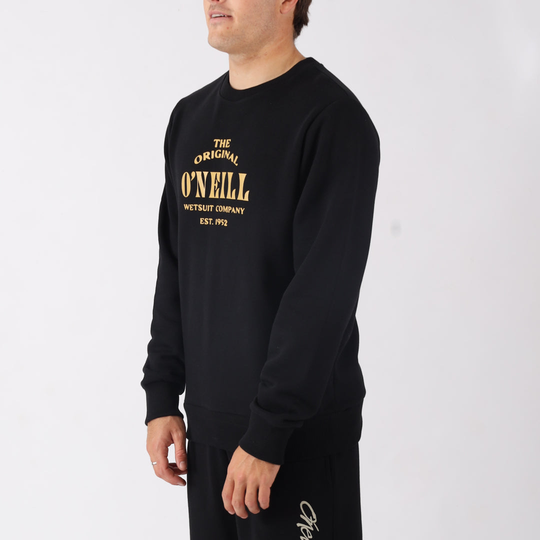 Person wearing a black O'Neill sweatshirt with gold text on a white background