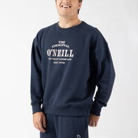 Person wearing a navy blue O'Neill sweatshirt with white text on a white background