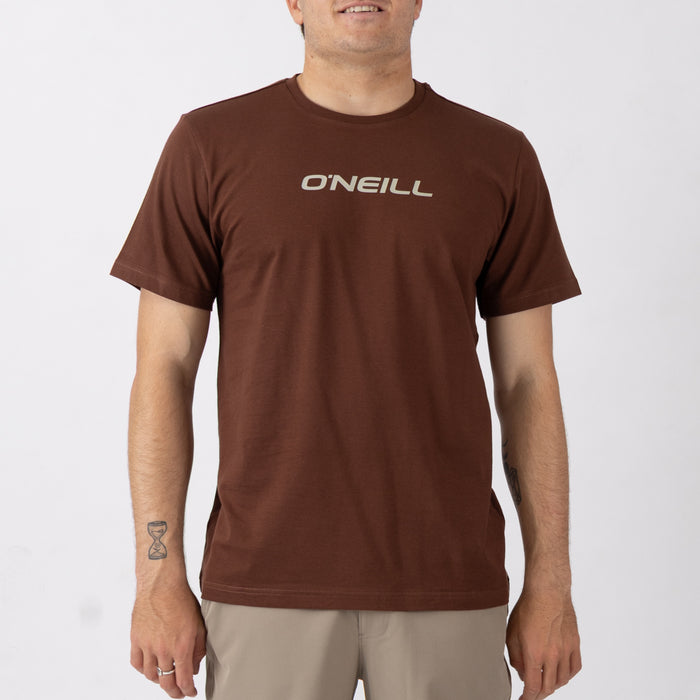 Man wearing a brown O'Neill t-shirt on a white background
