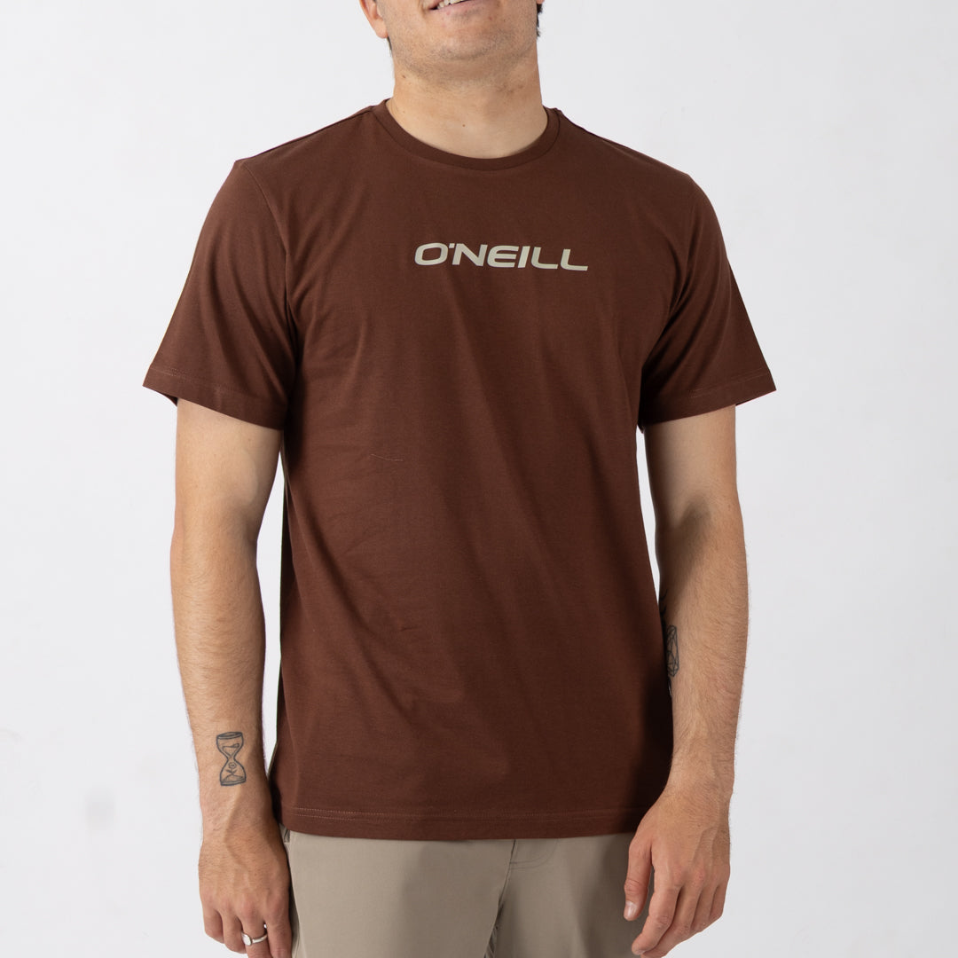 Man wearing a brown O'Neill t-shirt on a white background