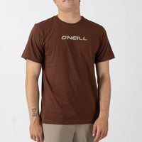 Man wearing a brown O'Neill t-shirt on a white background