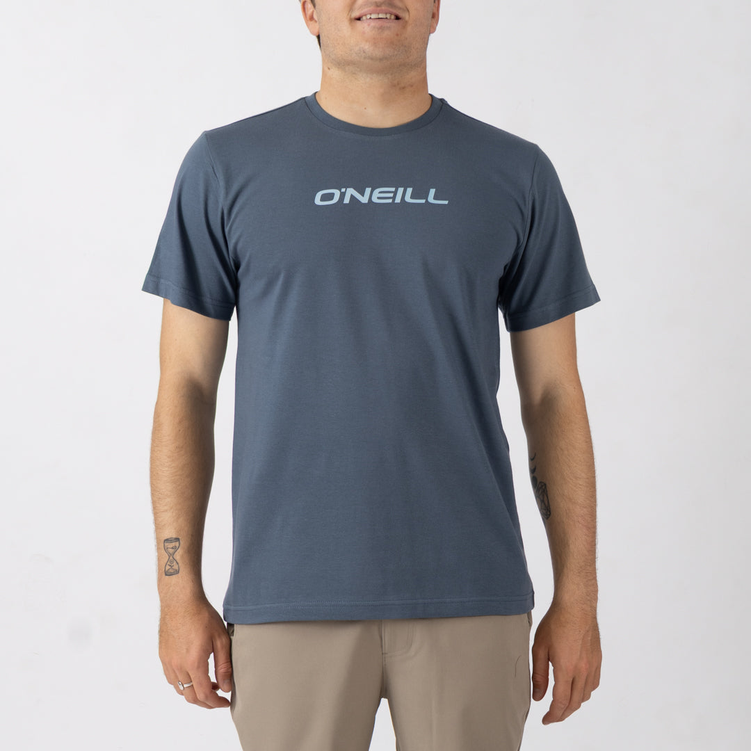 Person wearing a blue O'Neill t-shirt on a white background