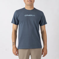 Person wearing a blue O'Neill t-shirt on a white background