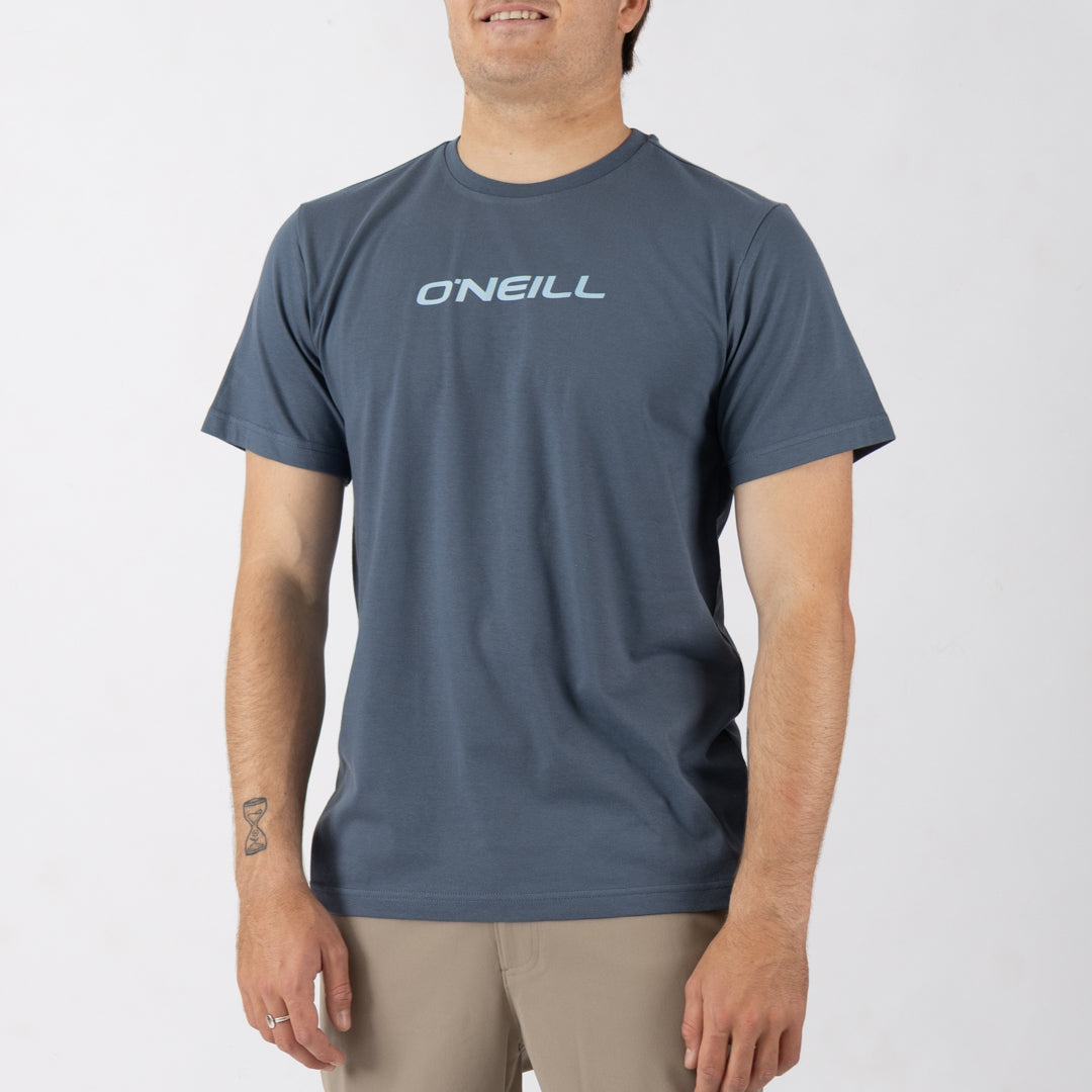 Man wearing a blue t-shirt with 'O'Neill' logo on a white background