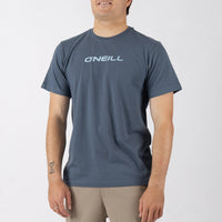 Man wearing a blue t-shirt with 'O'Neill' logo on a white background
