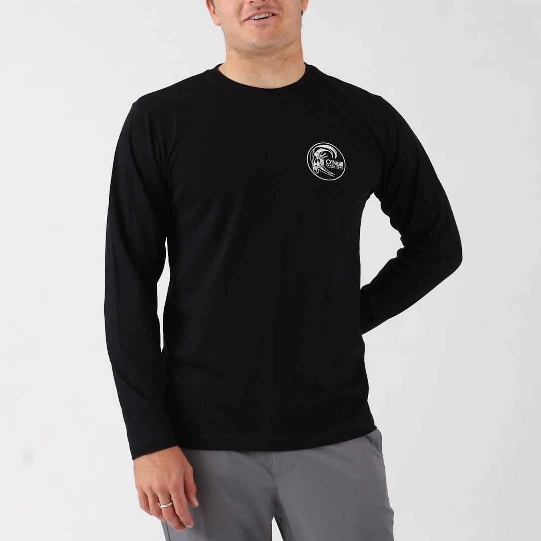 Person wearing a black long-sleeve shirt with a logo on a white background