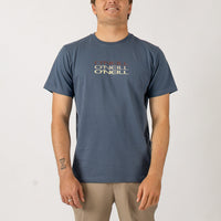 Man wearing a blue t-shirt with 'O'Neill' logo on a white background
