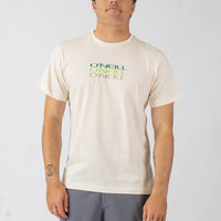 Person wearing a beige O'Neill t-shirt with green and black text on a white background