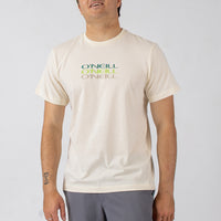 Man wearing a beige O'Neill t-shirt with multiple brand logos on a white background